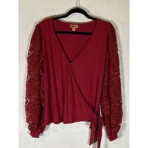 Willow Root Red Crochet Sleeve Faux Wrap Top Boho Romantic Medium